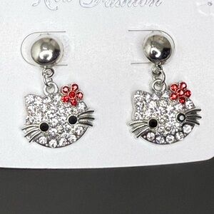 NWT Silver Hello Cat Kitty Earrings with Red Bow Lightweight Rhinestone Earrings